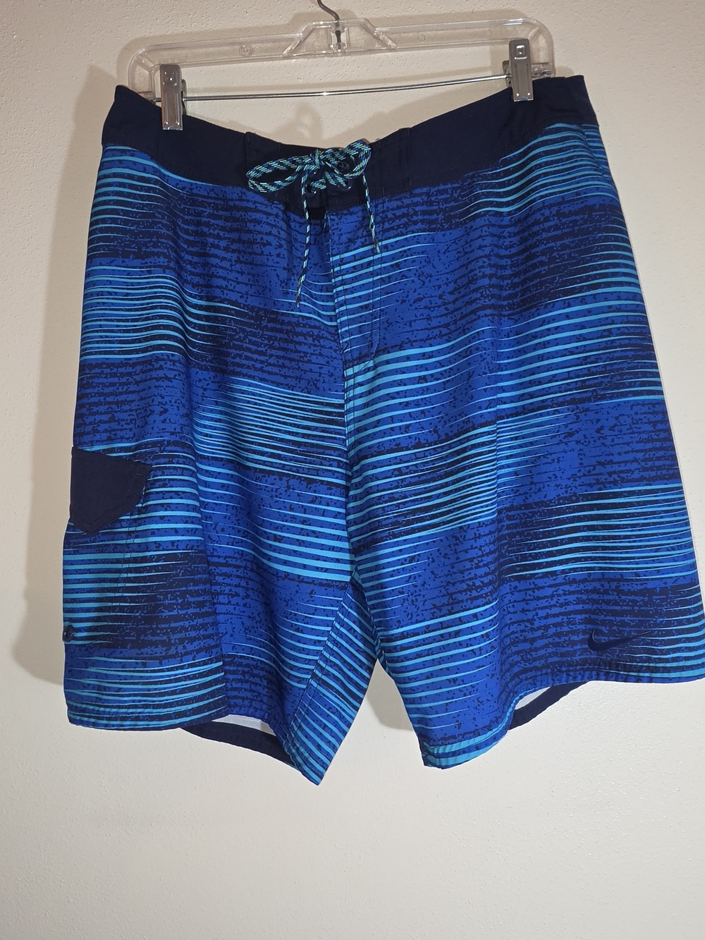 Nike Men's Blue Striped Swim Board Shorts with Drawstring